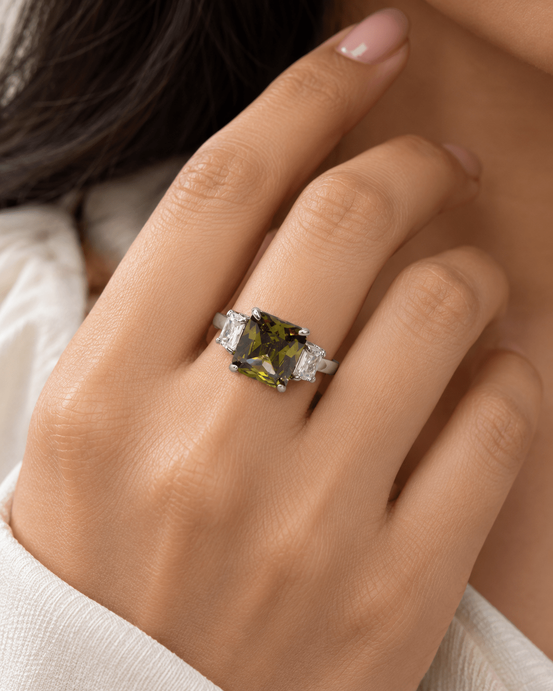 Olive Green Emerald-Cut Three-Stone Ring - Maxiblink