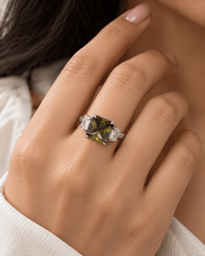 Olive Green Emerald-Cut Three-Stone Ring - Maxiblink