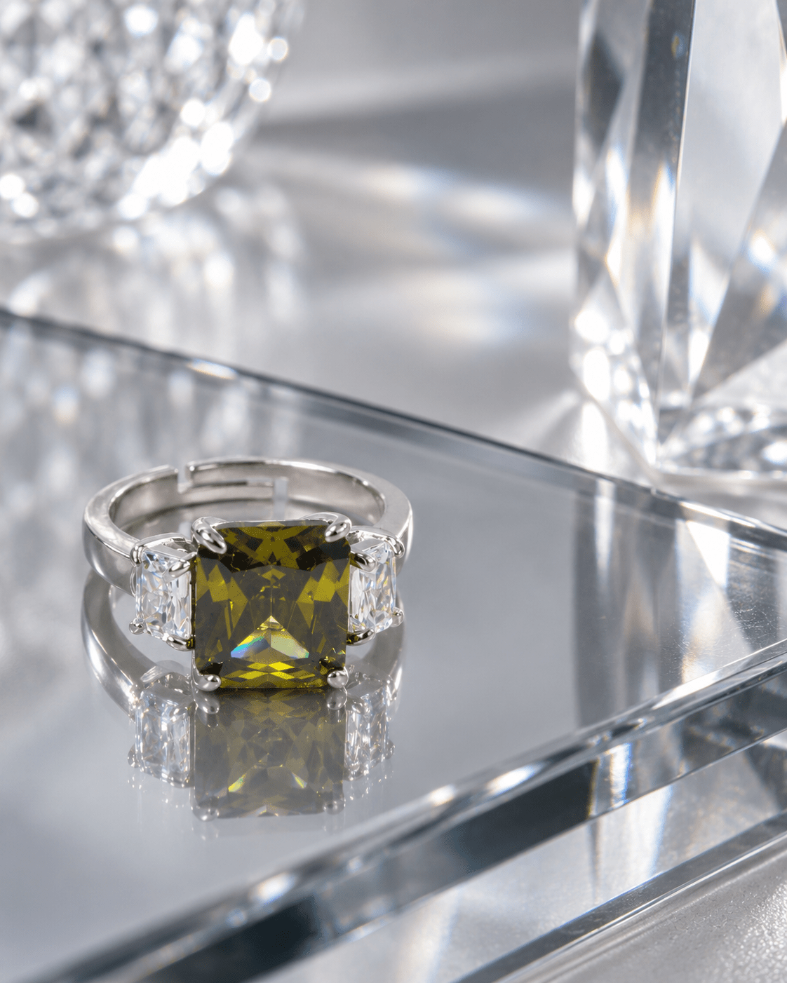 Olive Green Emerald-Cut Three-Stone Ring - Maxiblink