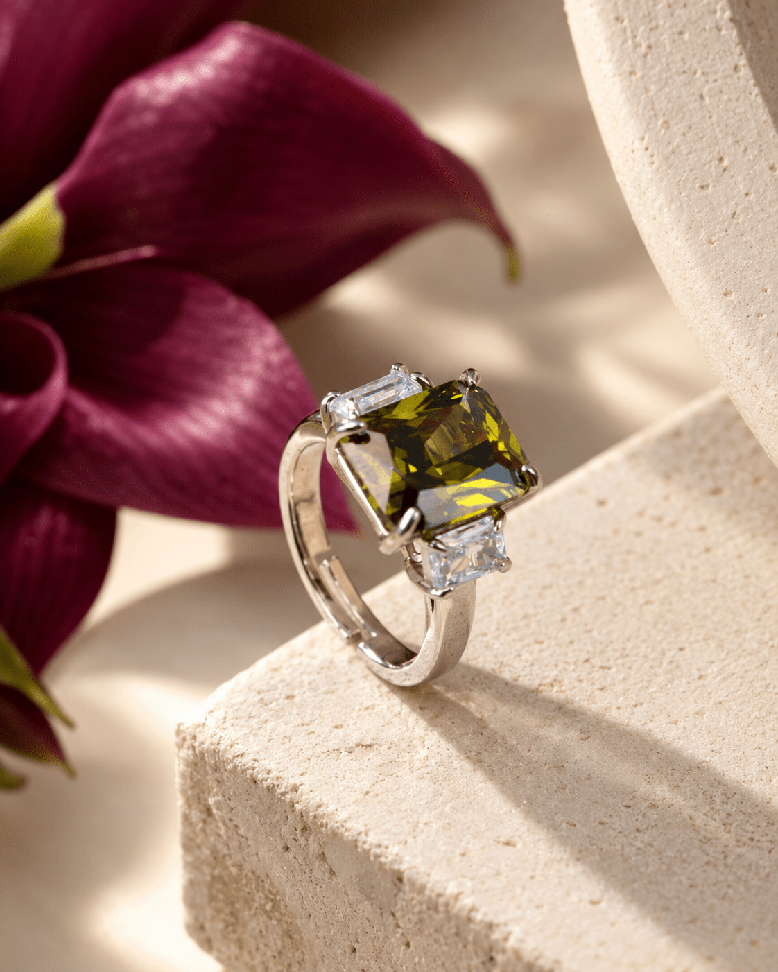Olive Green Emerald-Cut Three-Stone Ring - Maxiblink