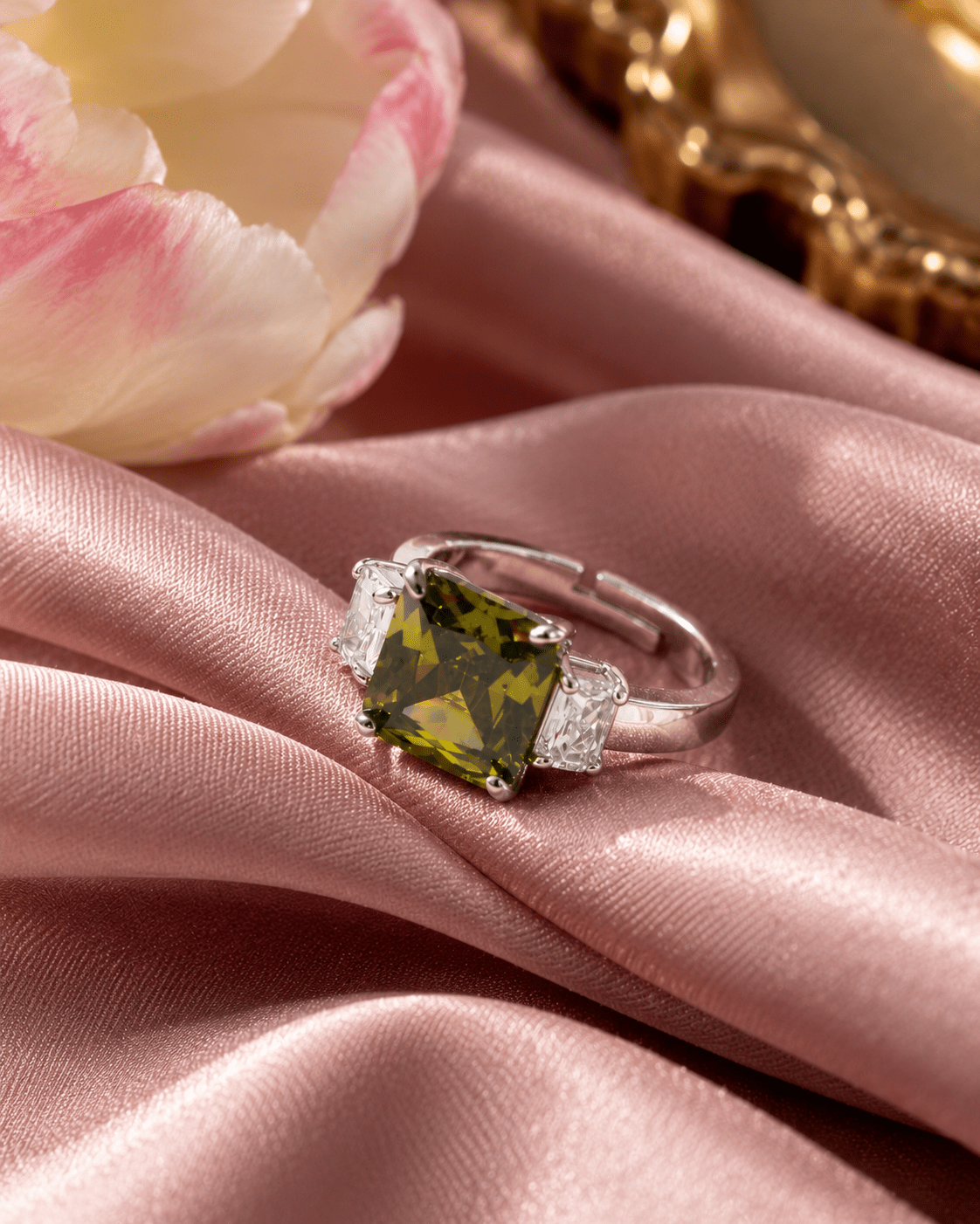 Olive Green Emerald-Cut Three-Stone Ring - Maxiblink
