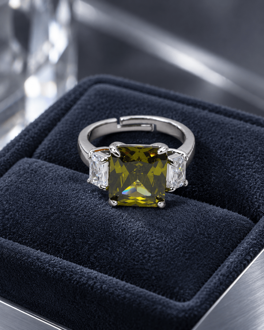 Olive Green Emerald-Cut Three-Stone Ring - Maxiblink