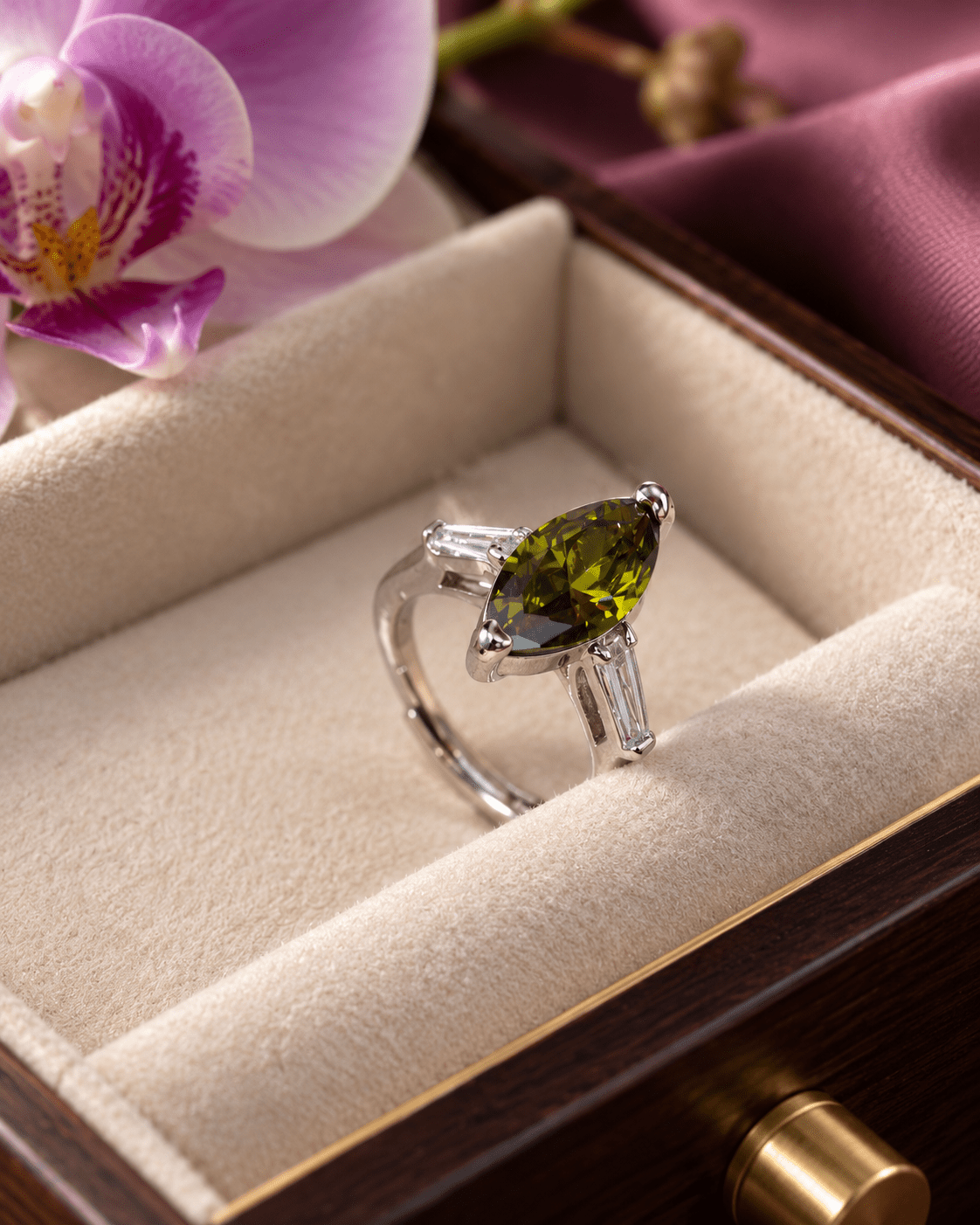 Olive Green Marquise Ring with Baguette Accents - Maxiblink