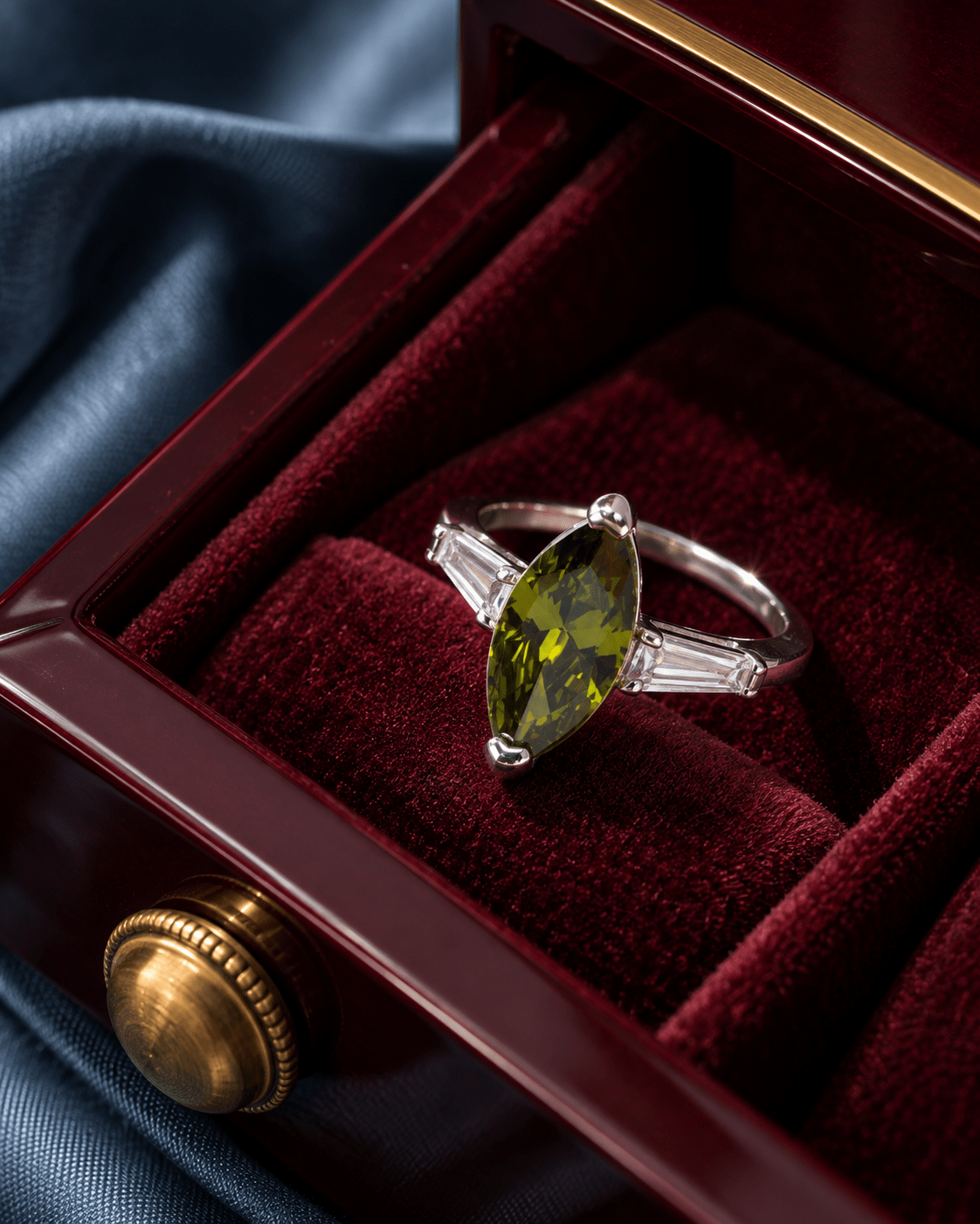 Olive Green Marquise Ring with Baguette Accents - Maxiblink