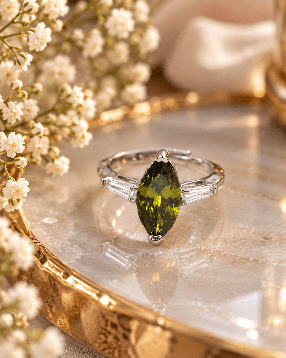 Olive Green Marquise Ring with Baguette Accents - Maxiblink