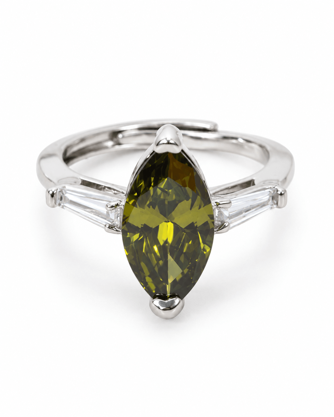 Olive Green Marquise Ring with Baguette Accents - Maxiblink