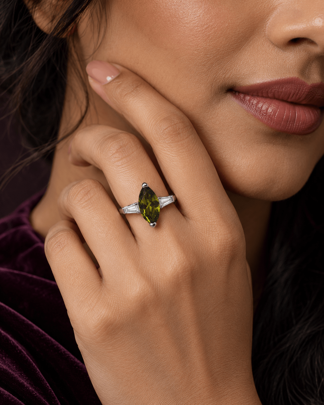 Olive Green Marquise Ring with Baguette Accents - Maxiblink