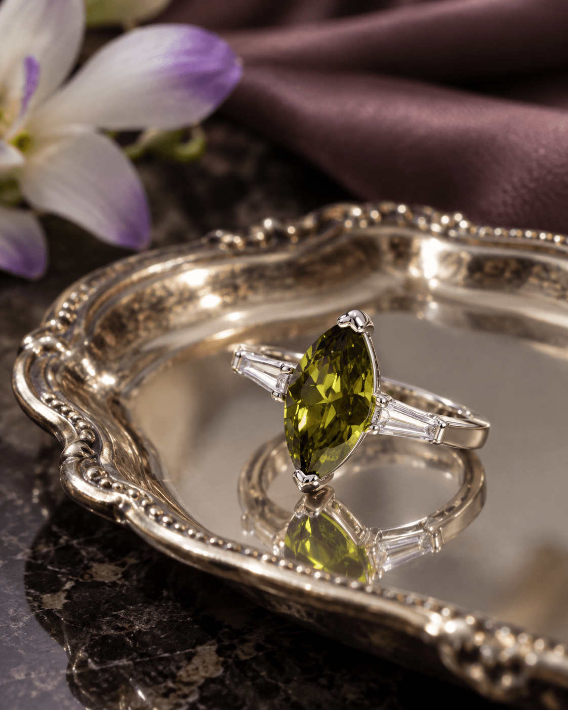 Olive Green Marquise Ring with Baguette Accents - Maxiblink