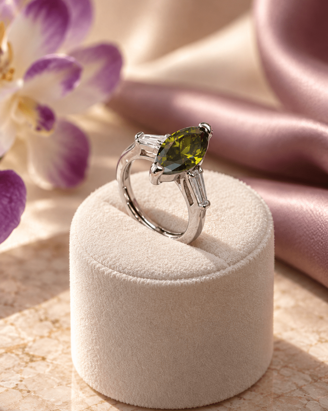 Olive Green Marquise Ring with Baguette Accents - Maxiblink