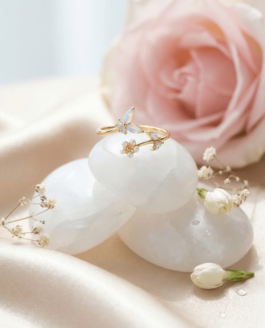 Opal Flower & Enamel Blossom Ring, free-size open band — MaxiBlink gold-plated demi-fine jewellery