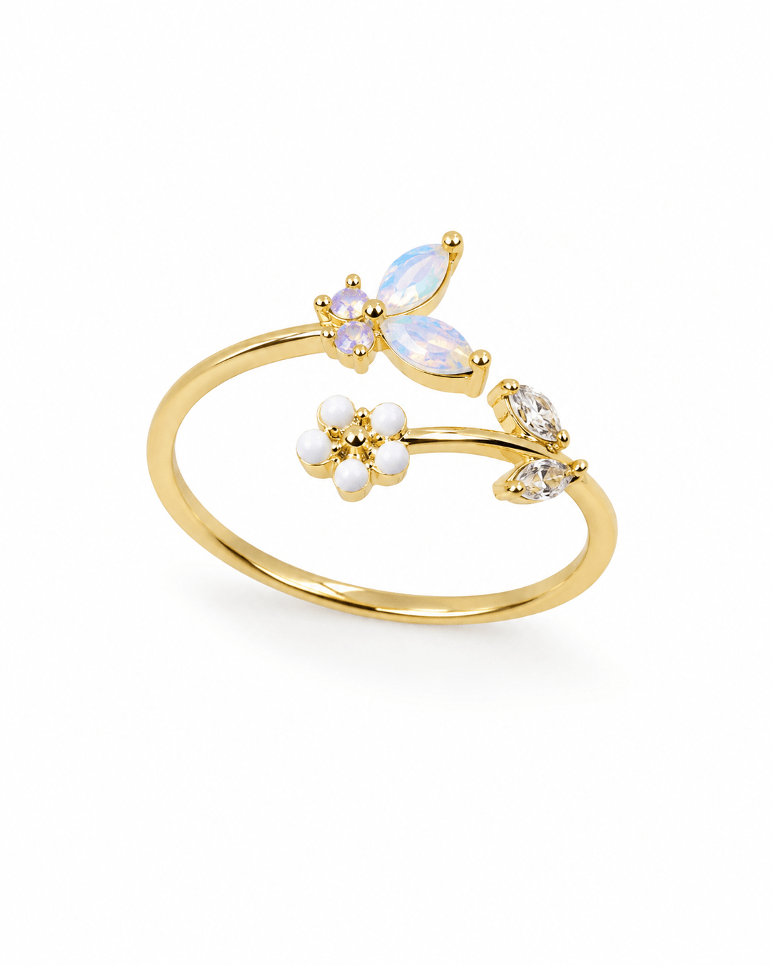 Opal Flower & Enamel Blossom Ring — anti-tarnish adjustable free-size ring, MaxiBlink demi-fine