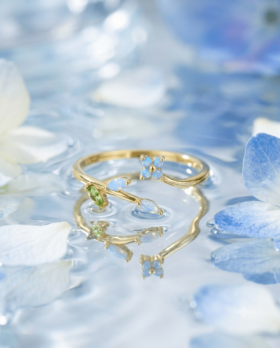 Opal Flower & Green Leaf Sprig Ring close-up detail — 18K gold-plated anti-tarnish ring, MaxiBlink