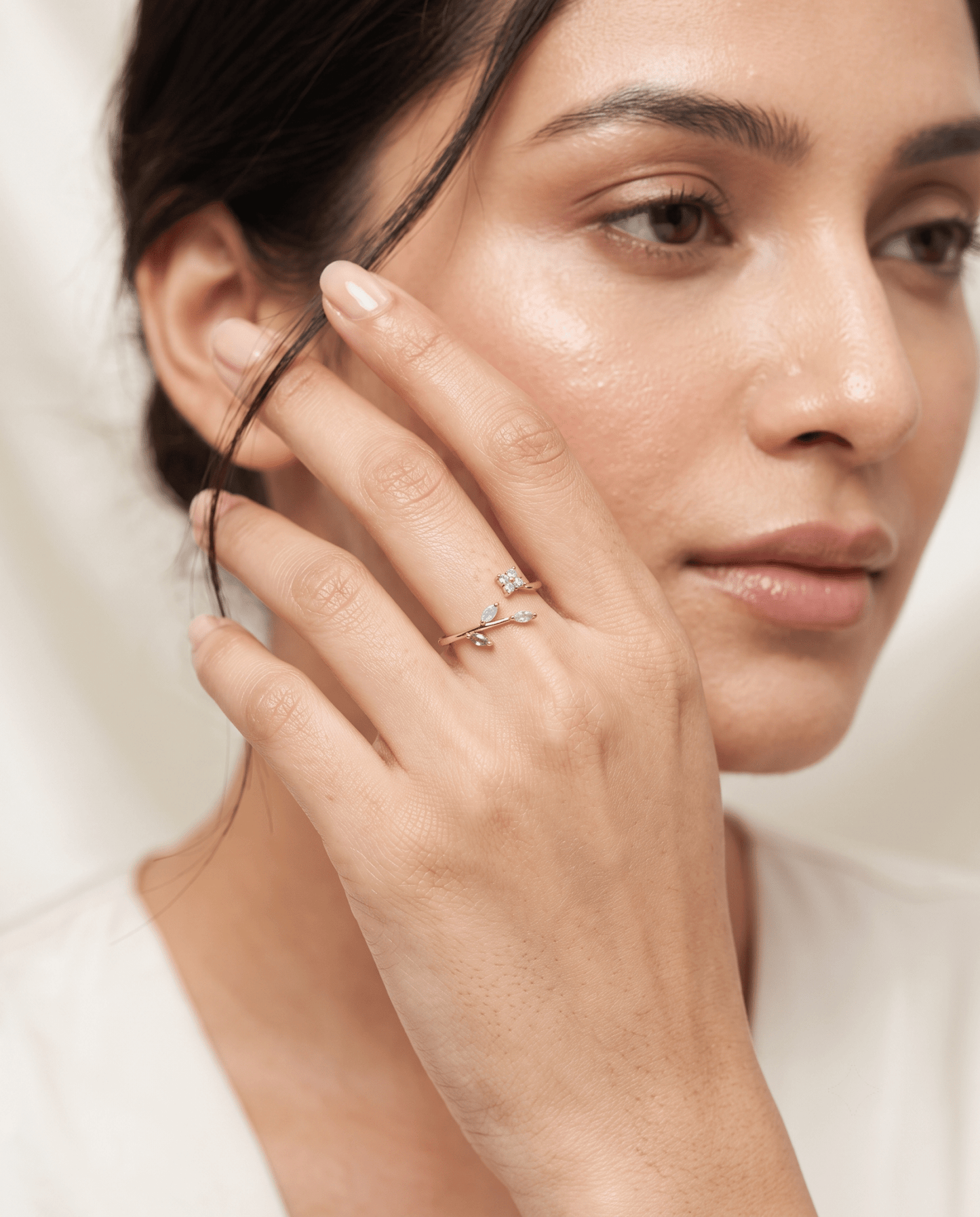 Opal Flower & Green Leaf Sprig Ring in 18K gold-plated stainless steel — MaxiBlink