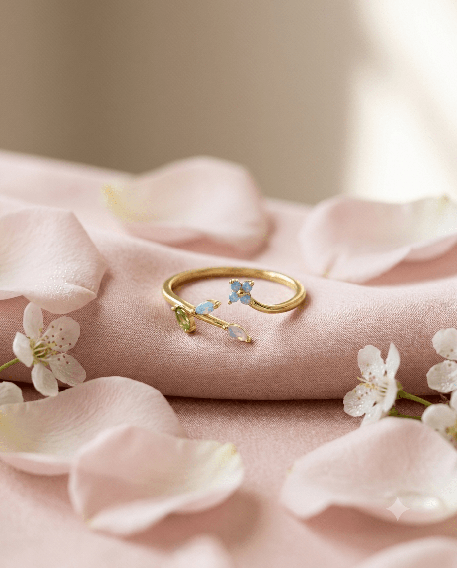 opal gold-plated leaf ring — Opal Flower & Green Leaf Sprig Ring by MaxiBlink
