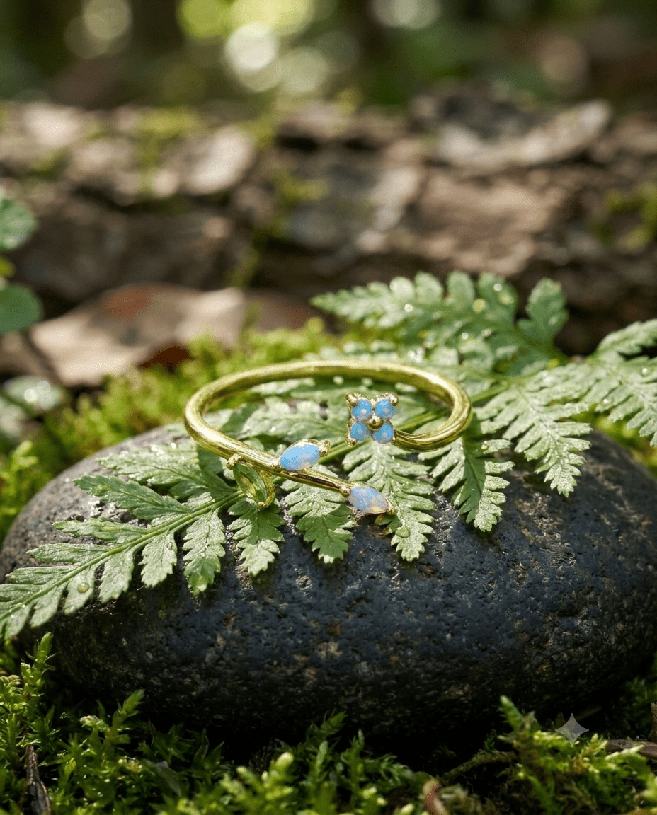 Opal Flower & Green Leaf Sprig Ring, free-size open band — MaxiBlink gold-plated demi-fine jewellery