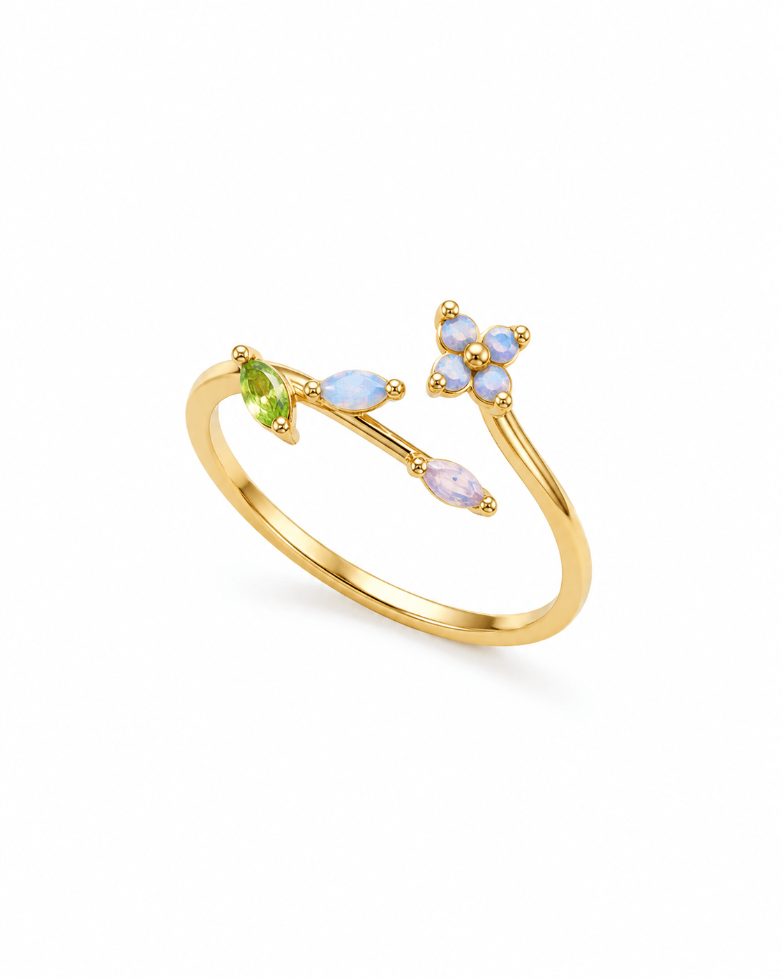 Opal Flower & Green Leaf Sprig Ring — anti-tarnish adjustable free-size ring, MaxiBlink demi-fine