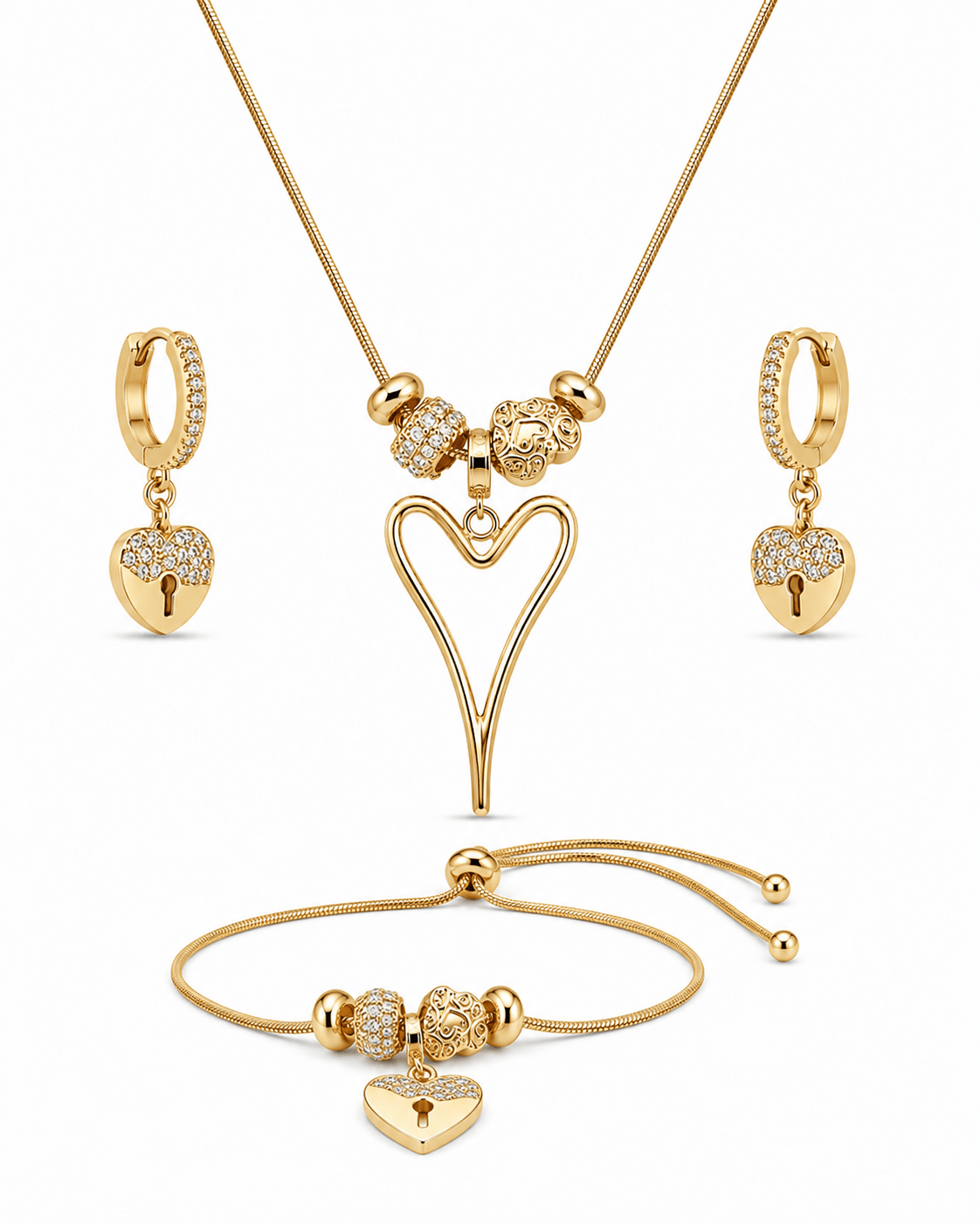 Open Heart Charm Necklace & Pavé Heart Huggie Earrings Set - Maxiblink