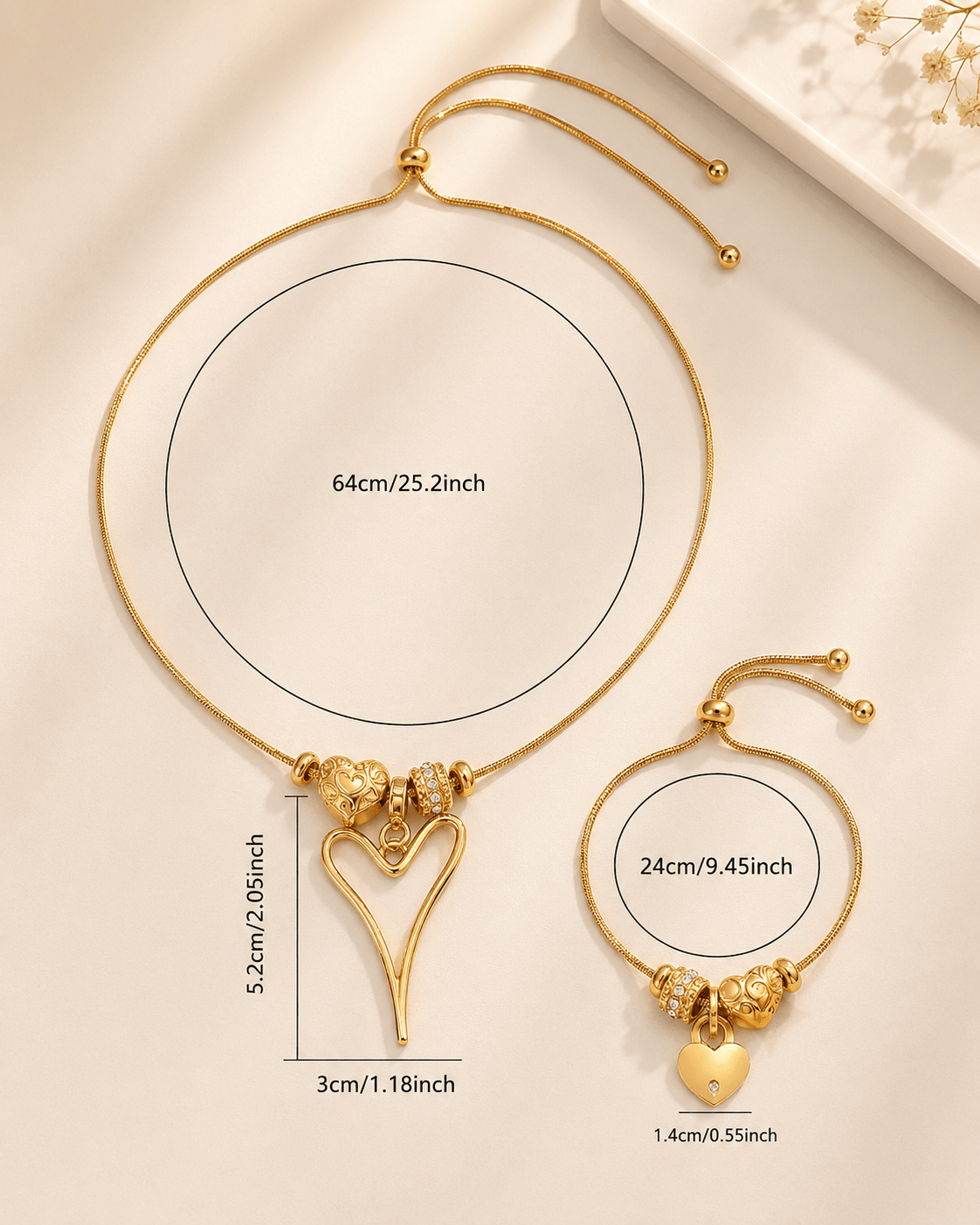 Open Heart Charm Necklace & Pavé Heart Huggie Earrings Set - Maxiblink
