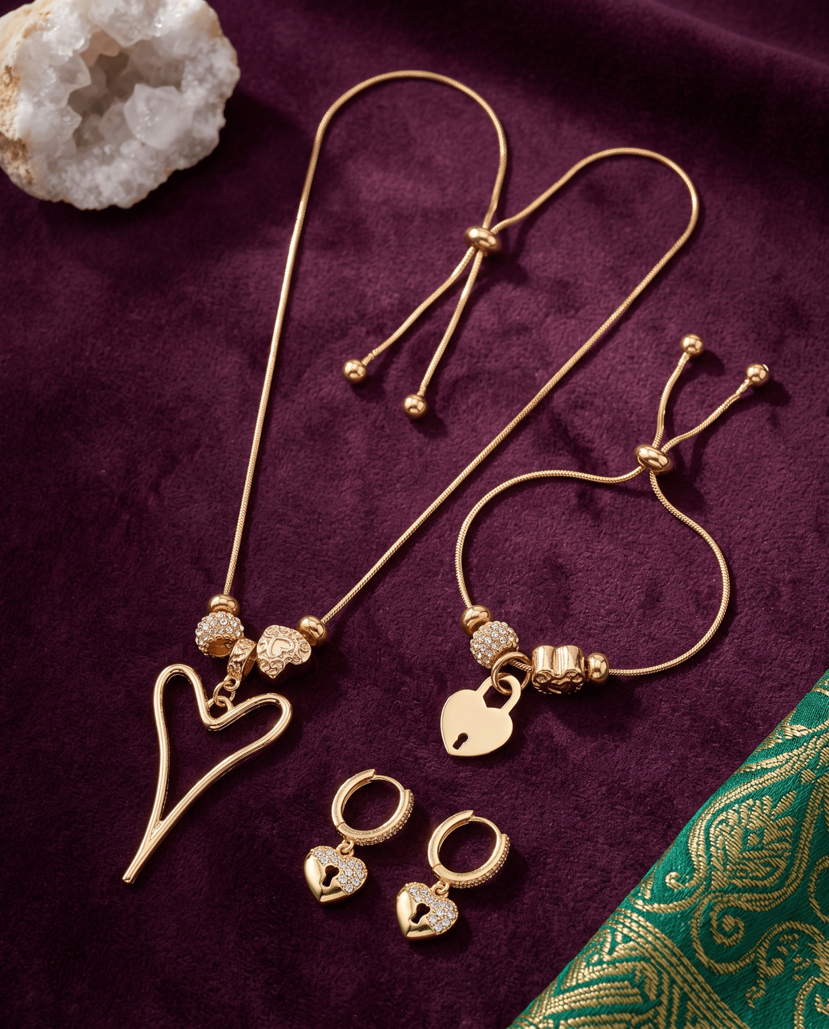 Open Heart Charm Necklace & Pavé Heart Huggie Earrings Set - Maxiblink