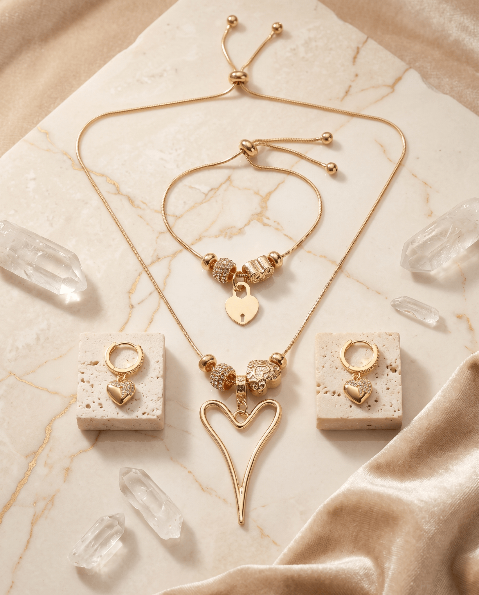 Open Heart Charm Necklace & Pavé Heart Huggie Earrings Set - Maxiblink