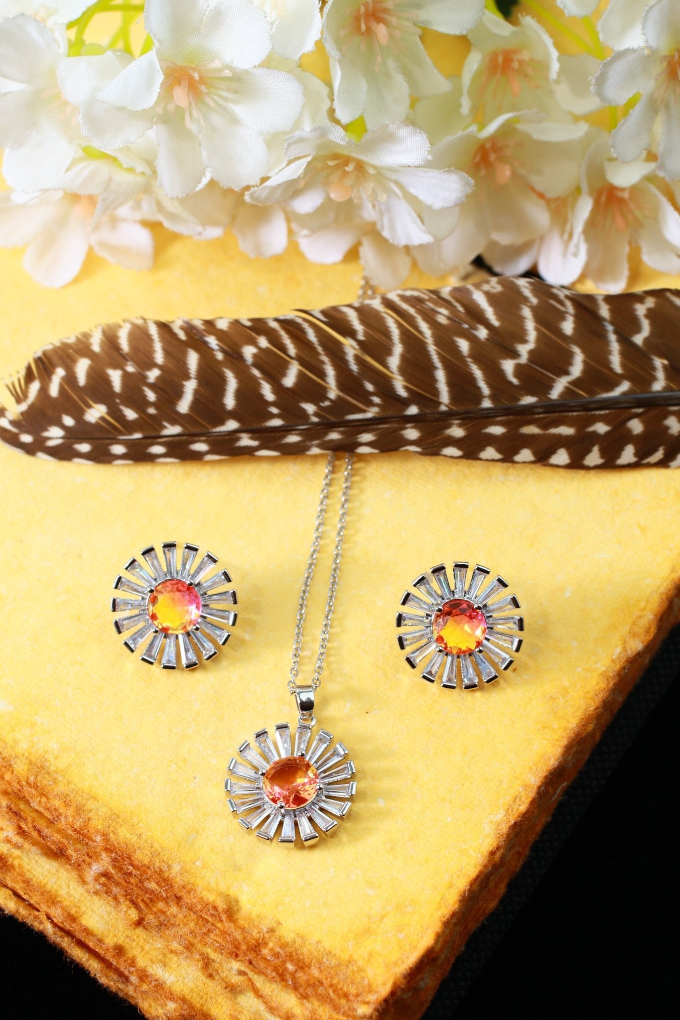 Orange Sunflower Crystal Pendant Set - Maxiblink