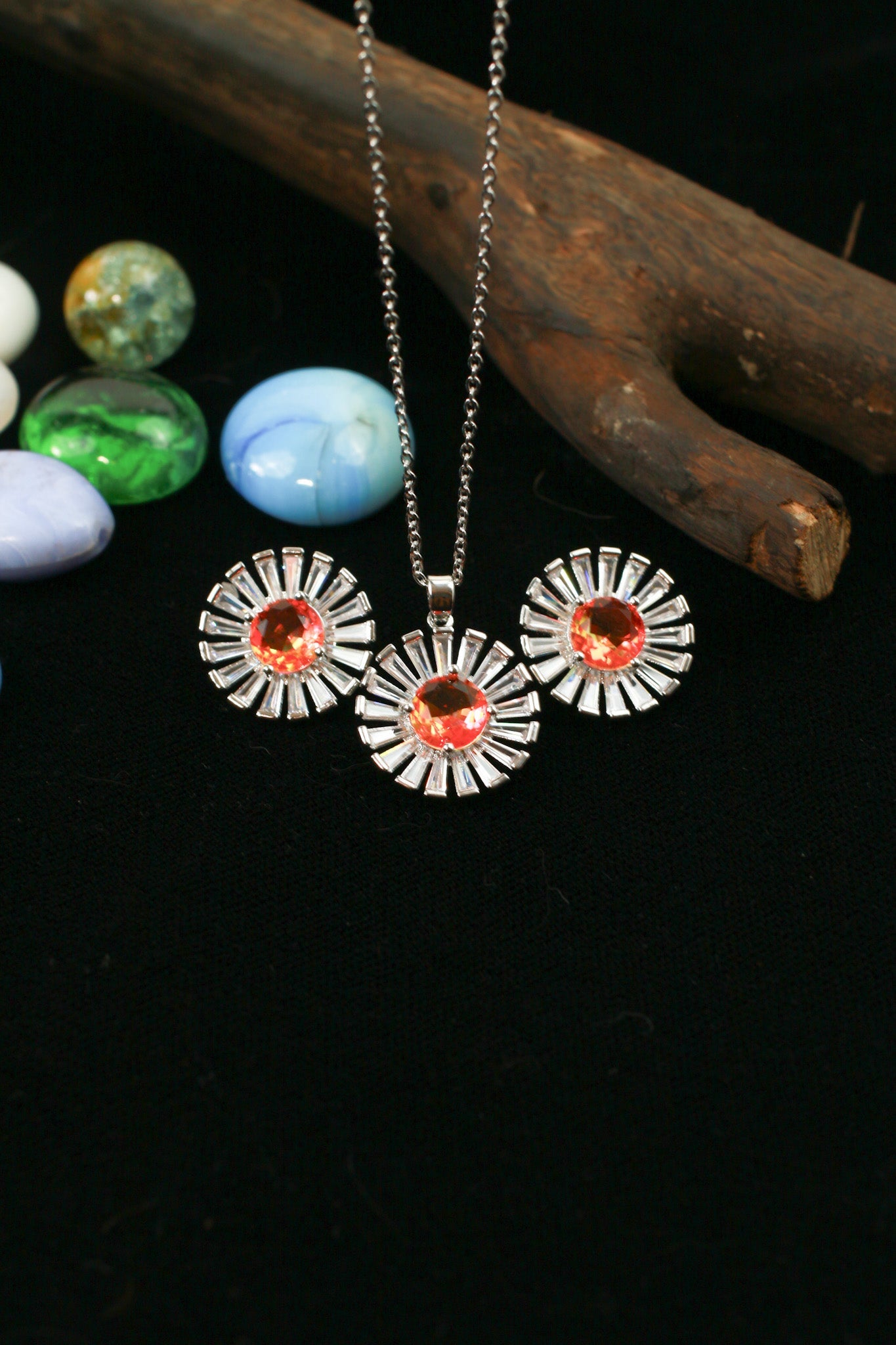 Orange Sunflower Crystal Pendant Set - Maxiblink