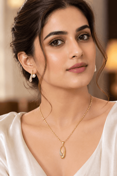 Oval Rhinestone Pendant Necklace & Pearl Drop Earrings Set - Gold Stainless Steel