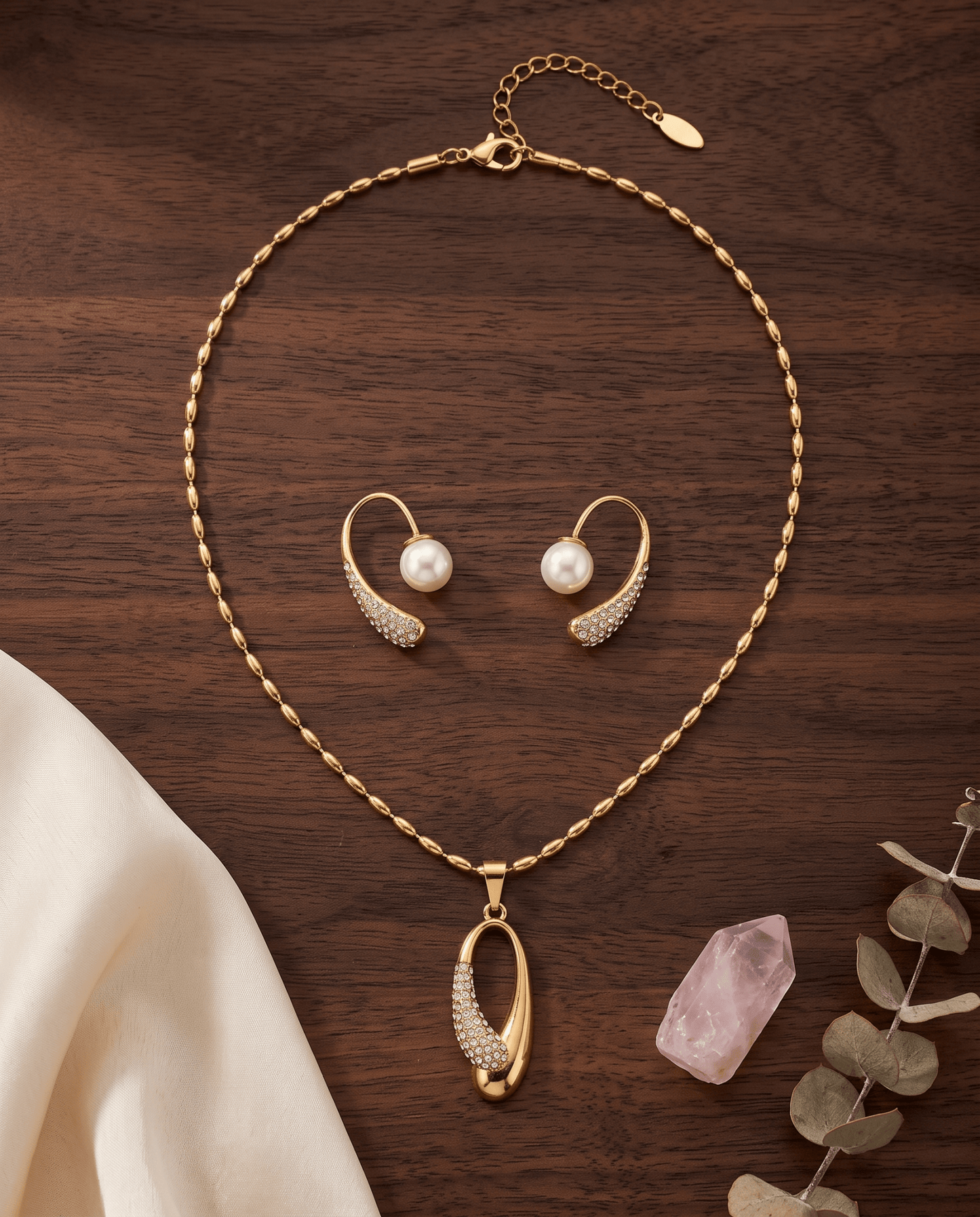 Oval Rhinestone Pendant Necklace & Pearl Drop Earrings Set - Gold Stainless Steel