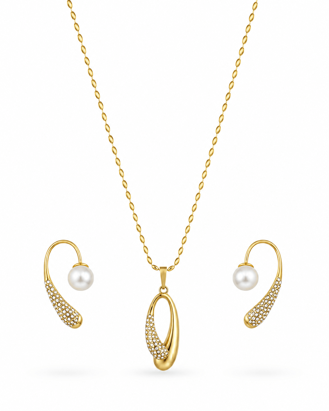 Oval Rhinestone Pendant Necklace & Pearl Drop Earrings Set - Gold Stainless Steel
