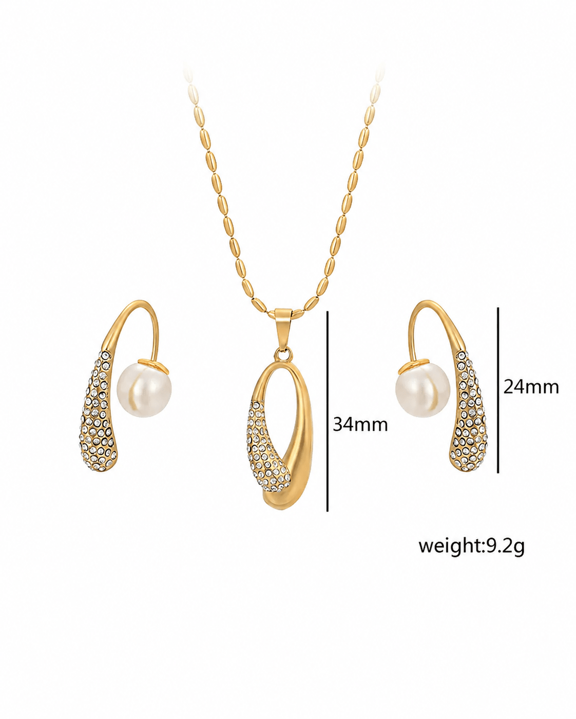 Oval Rhinestone Pendant Necklace & Pearl Drop Earrings Set - Gold Stainless Steel