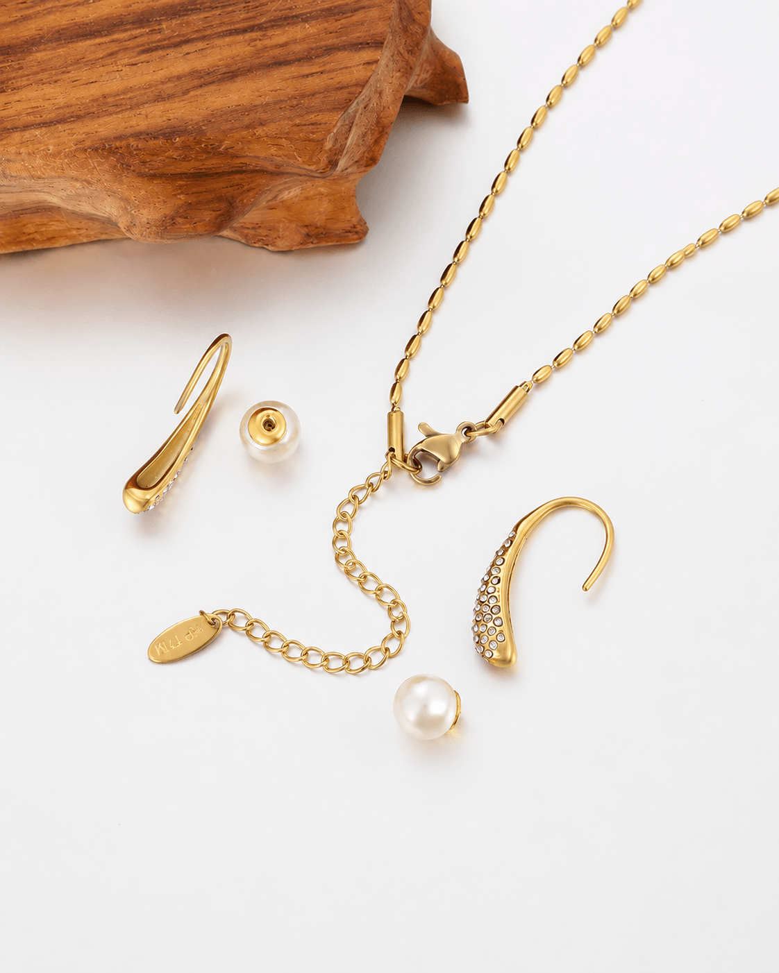 Oval Rhinestone Pendant Necklace & Pearl Drop Earrings Set - Gold Stainless Steel