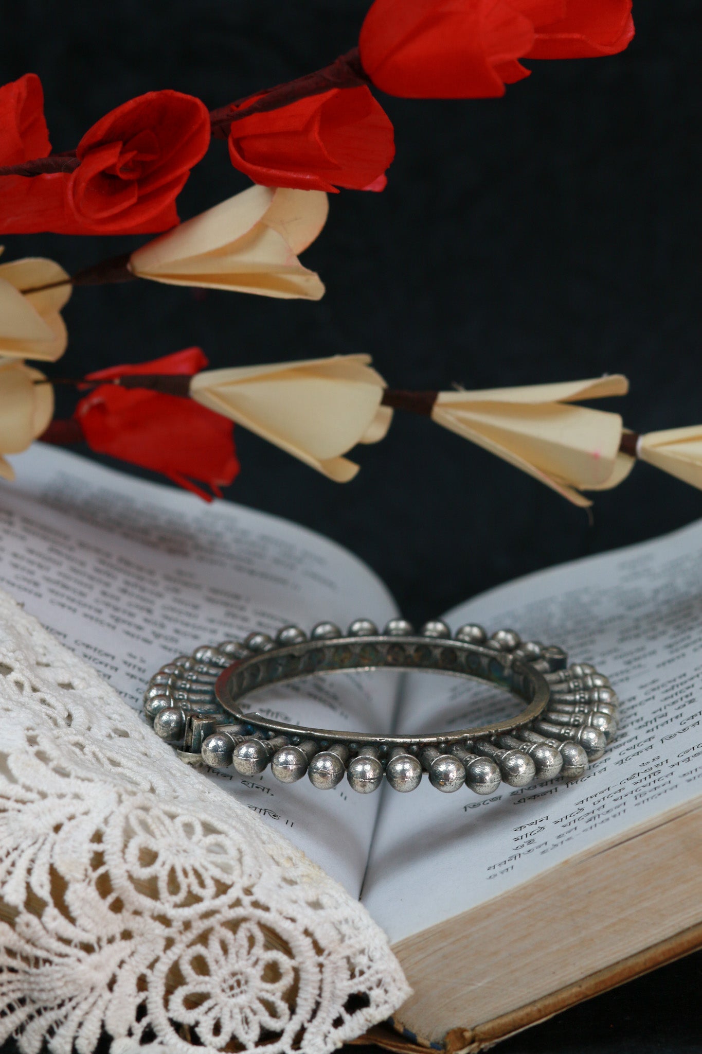 Oxidised Antique Design Brass Base Free Size Openable Beaded Pillar Edge Bangle for Women - Maxiblink