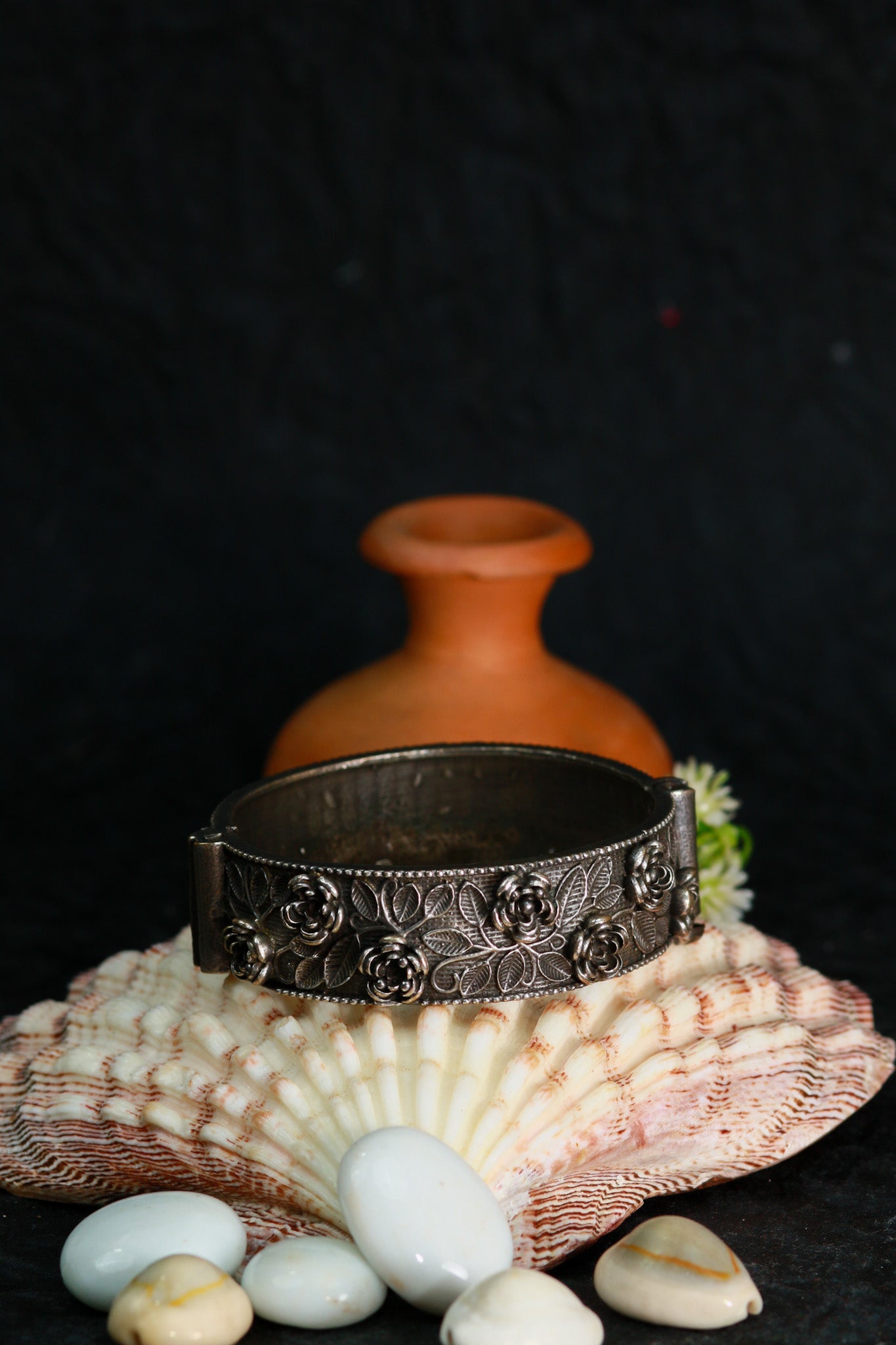 Oxidised Antique Design Brass Base Free Size Openable Floral Rose Carved Kada Bracelet for Women - Maxiblink