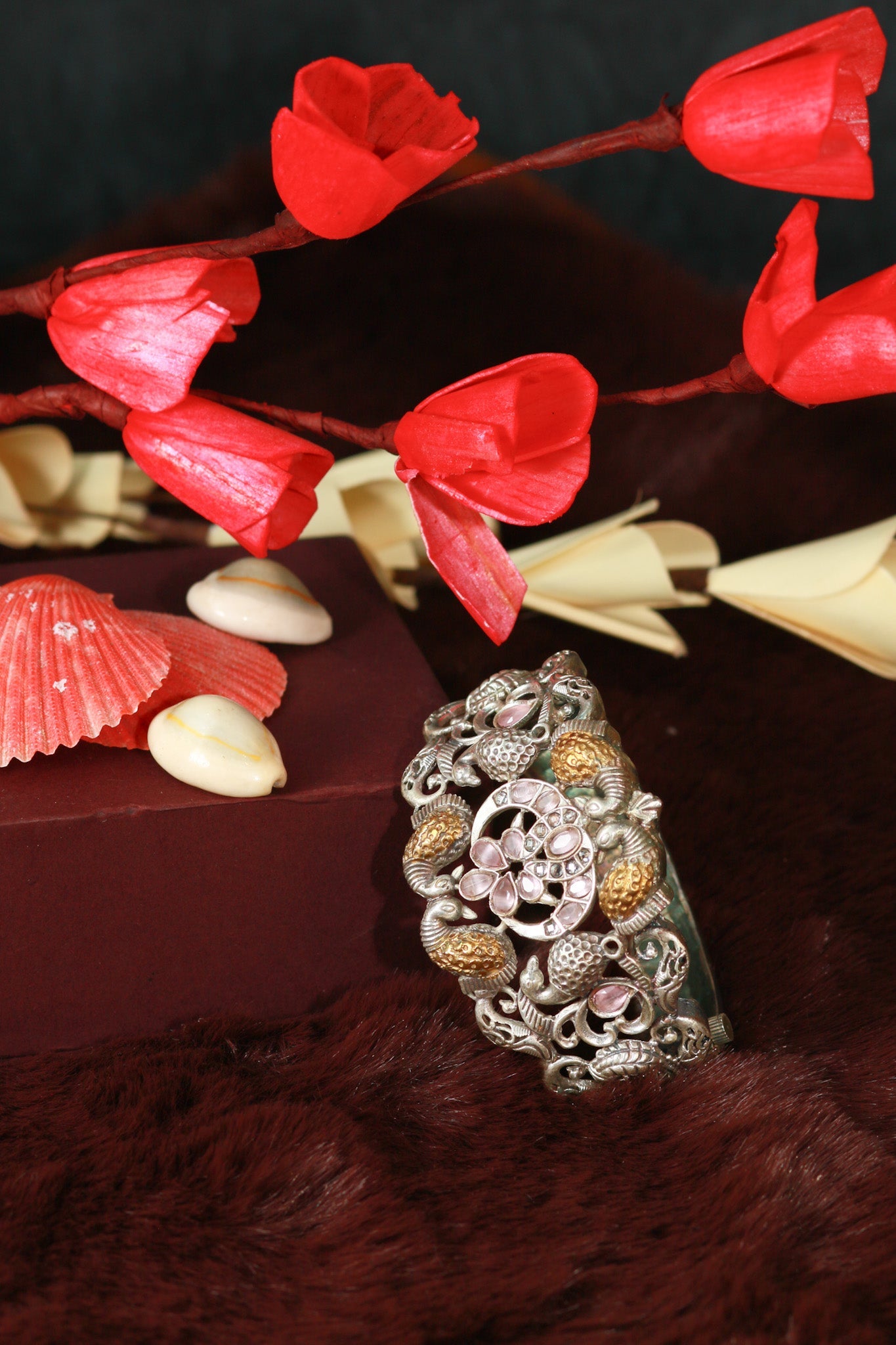 Oxidised Antique Design Brass Base Free Size Openable Royal Antique Floral Cluster Bangle for Women - Maxiblink