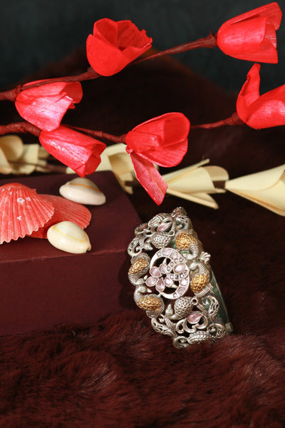 Oxidised Antique Design Brass Base Free Size Openable Royal Antique Floral Cluster Bangle for Women - Maxiblink