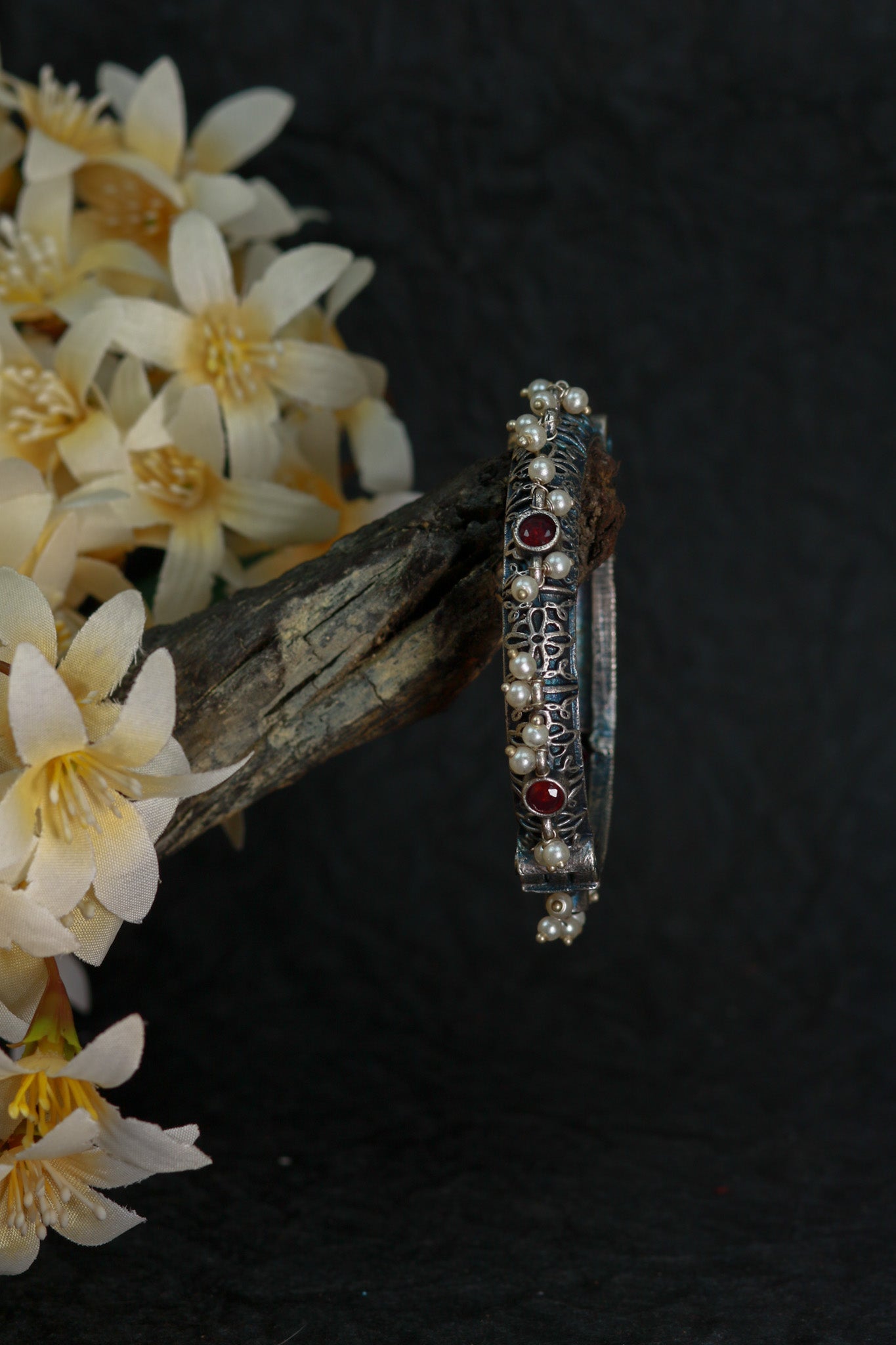 Oxidised Antique Design Brass Base Openable Mini Faux - Pearl Edge Kada Bracelet for Women - Maxiblink
