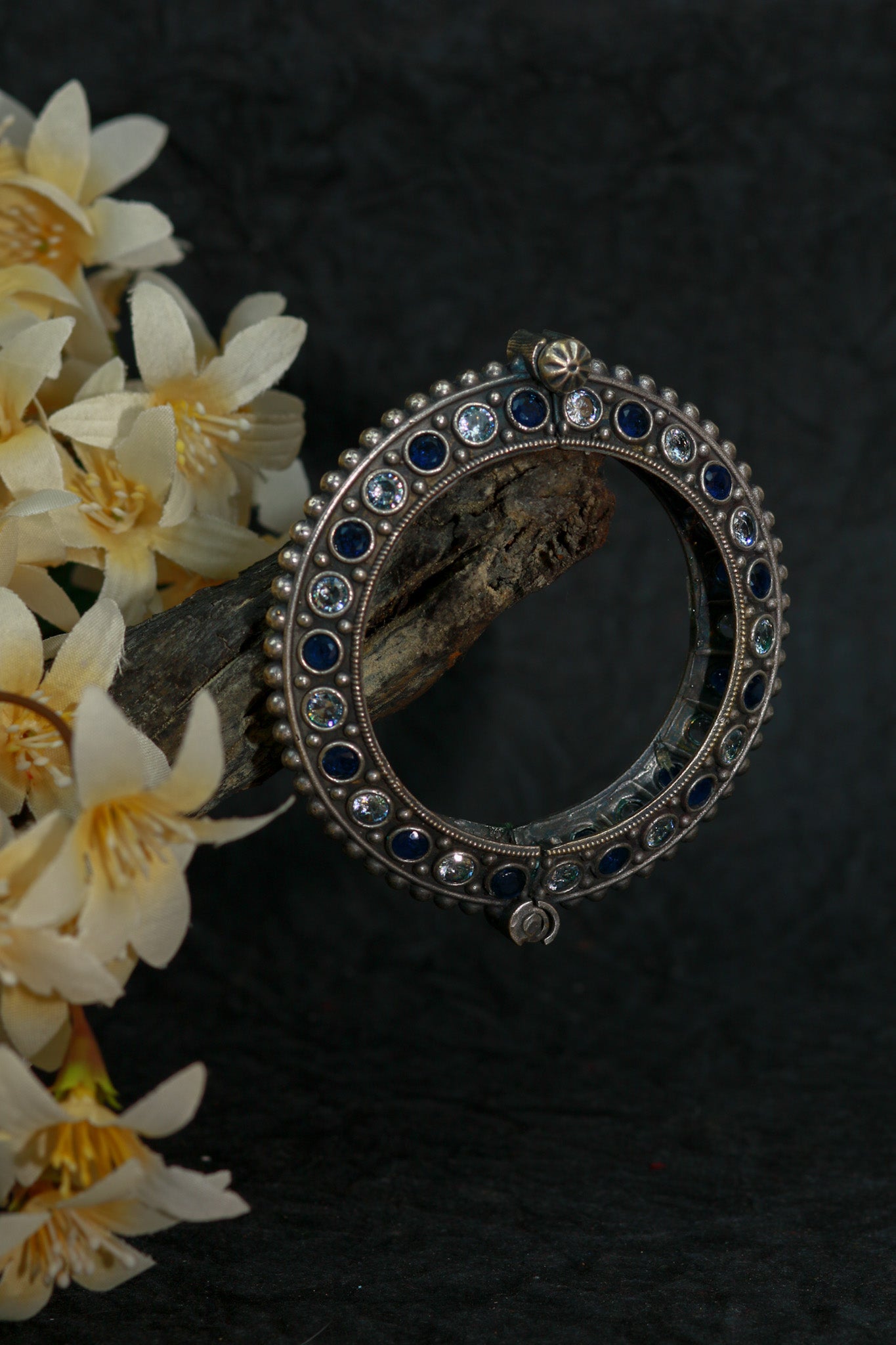 Oxidised Antique Design Brass Base Openable Navy Blue & White Stones All Around Kada Bracelet for Women - Maxiblink