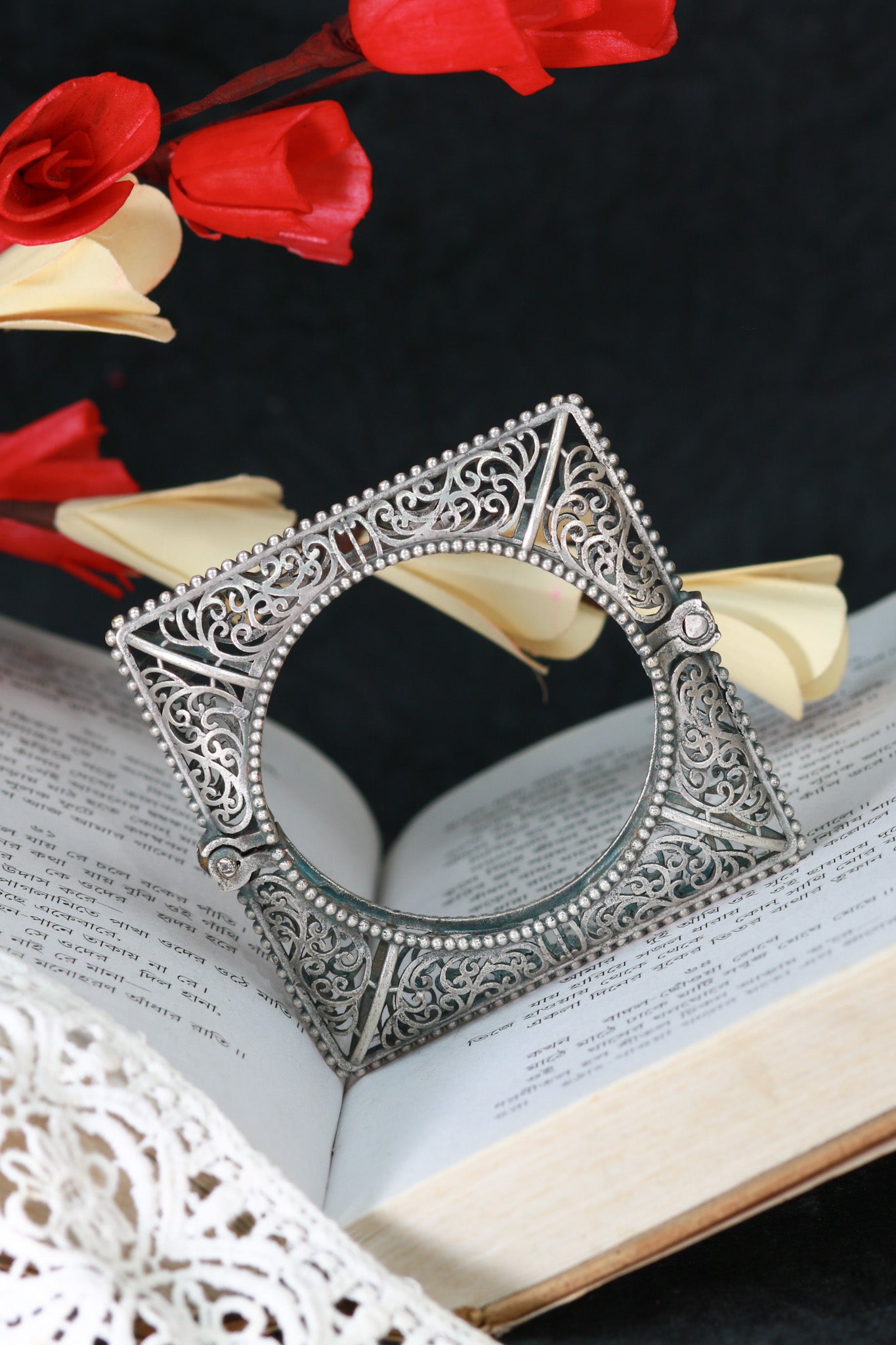 Oxidised Antique Design Brass Base Openable Square Frame With Filigree Kada Bracelet for Women - Maxiblink