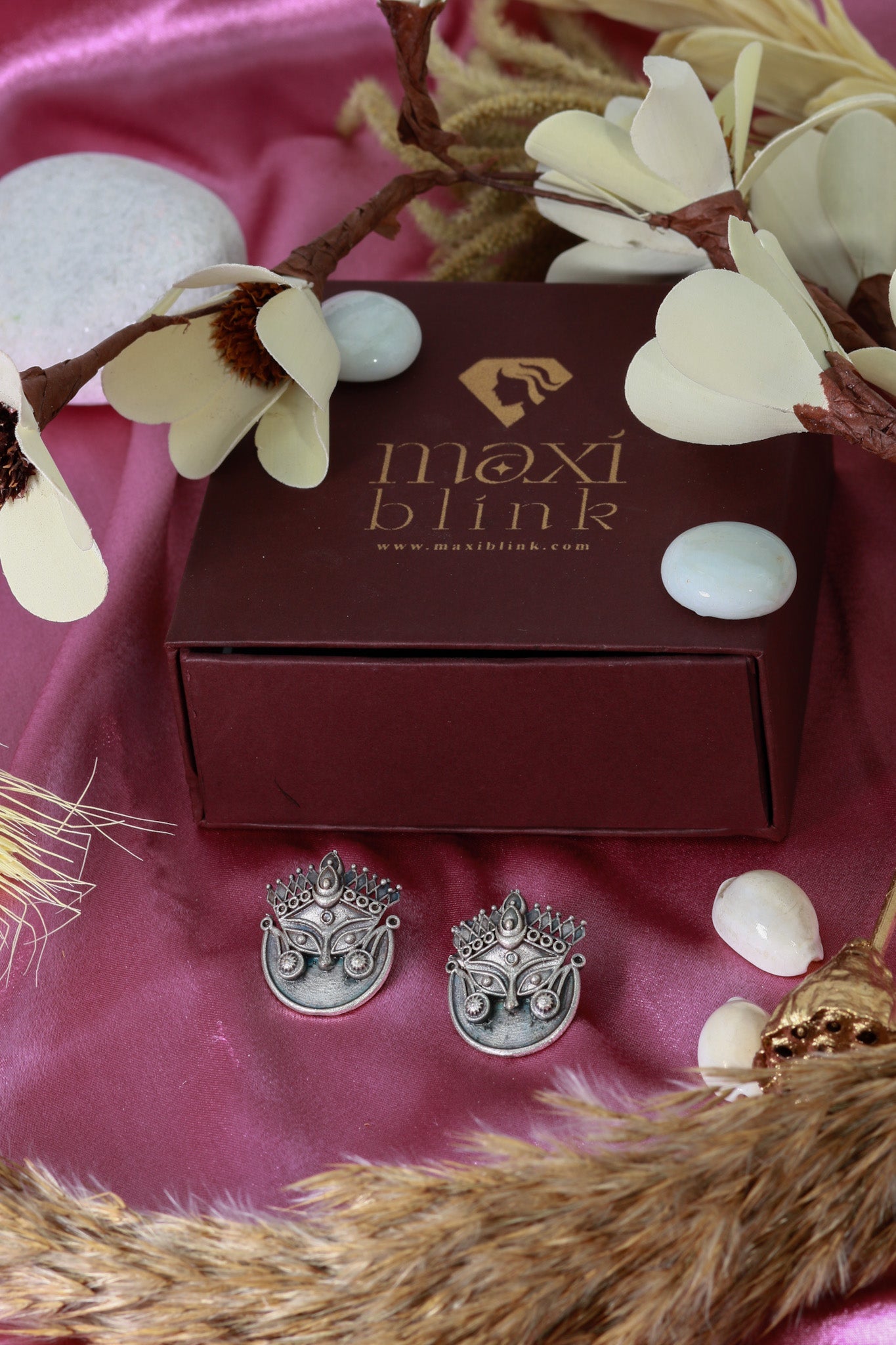 Oxidised Durga Face German Silver Stud Earrings - Maxiblink