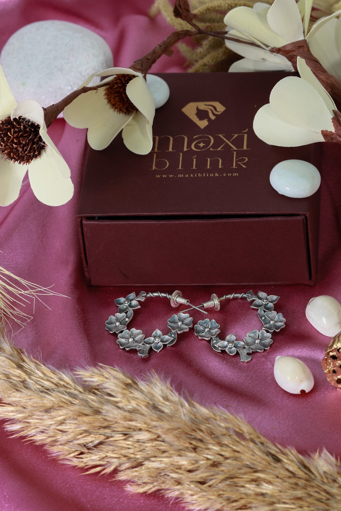 Oxidised Floral Hoop German Silver Earrings - Maxiblink