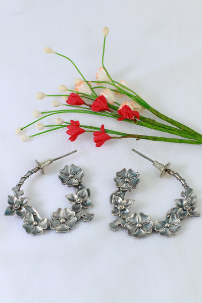 Oxidised Floral Hoop German Silver Earrings - Maxiblink