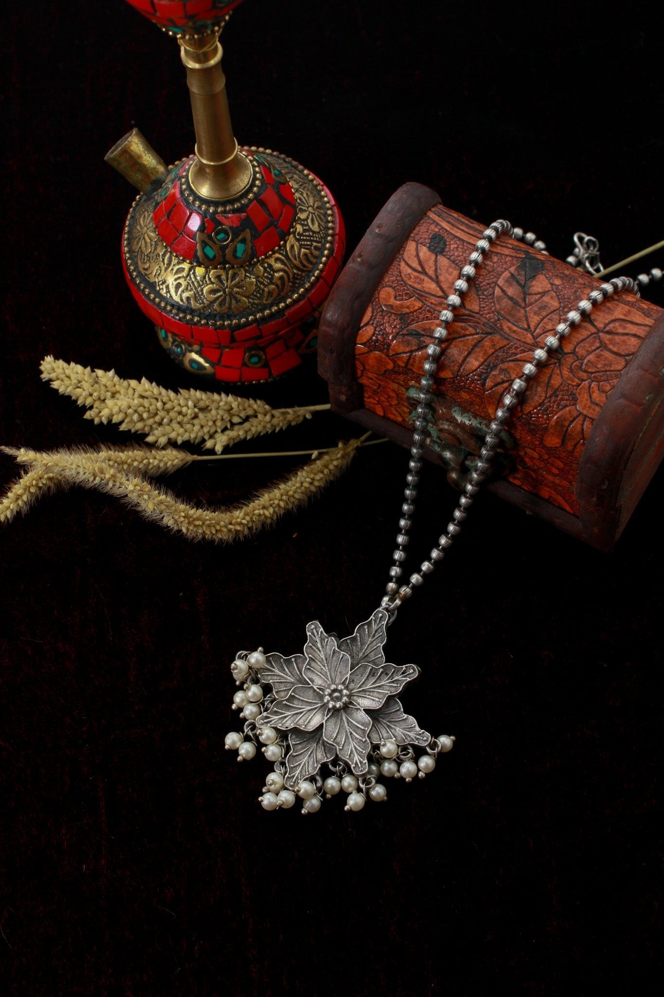 Oxidised Floral Star Pendant with Pearl Tassels | German Silver - Maxiblink