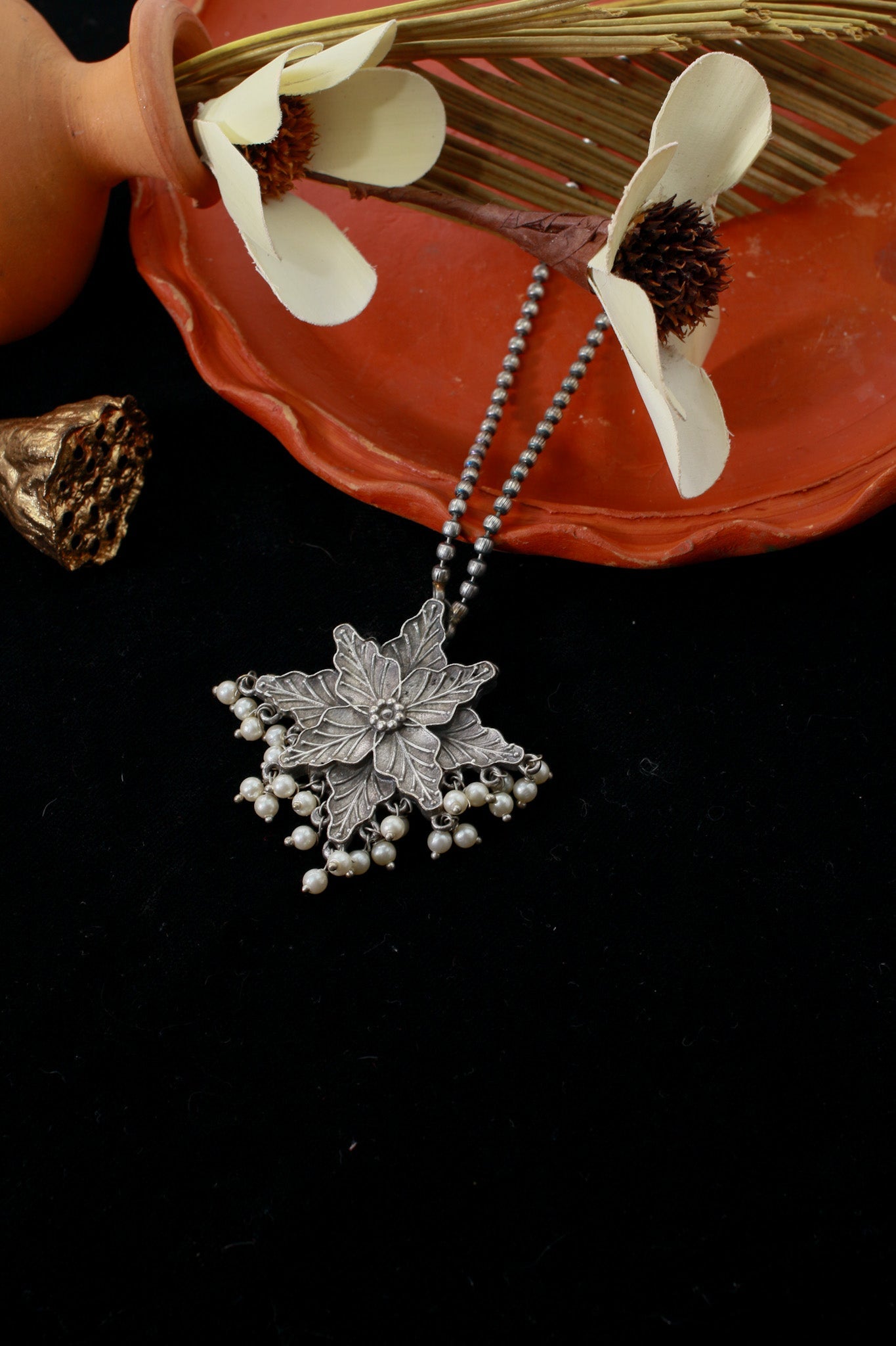 Oxidised Floral Star Pendant with Pearl Tassels | German Silver - Maxiblink