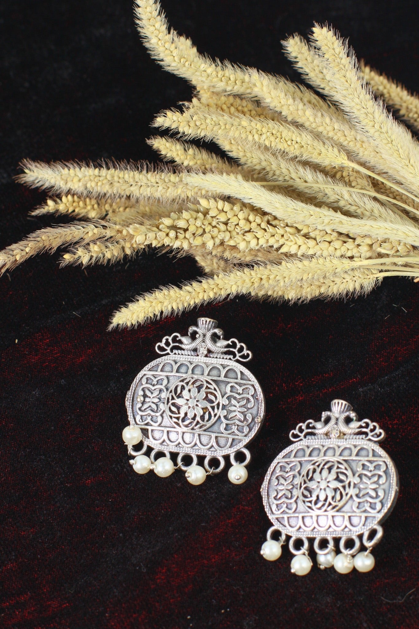 Oxidised German Silver Antique Oval Stud Earrings with Pearl Drops - Maxiblink