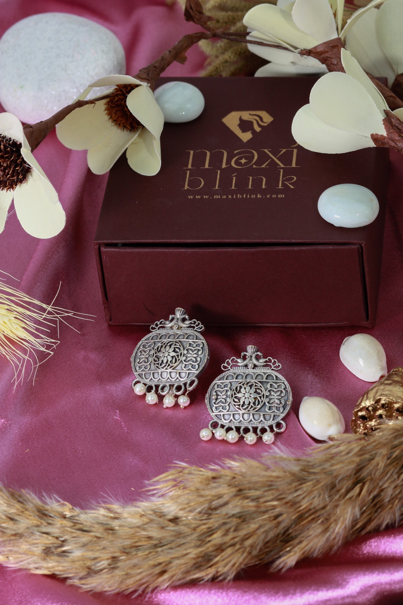 Oxidised German Silver Antique Oval Stud Earrings with Pearl Drops - Maxiblink