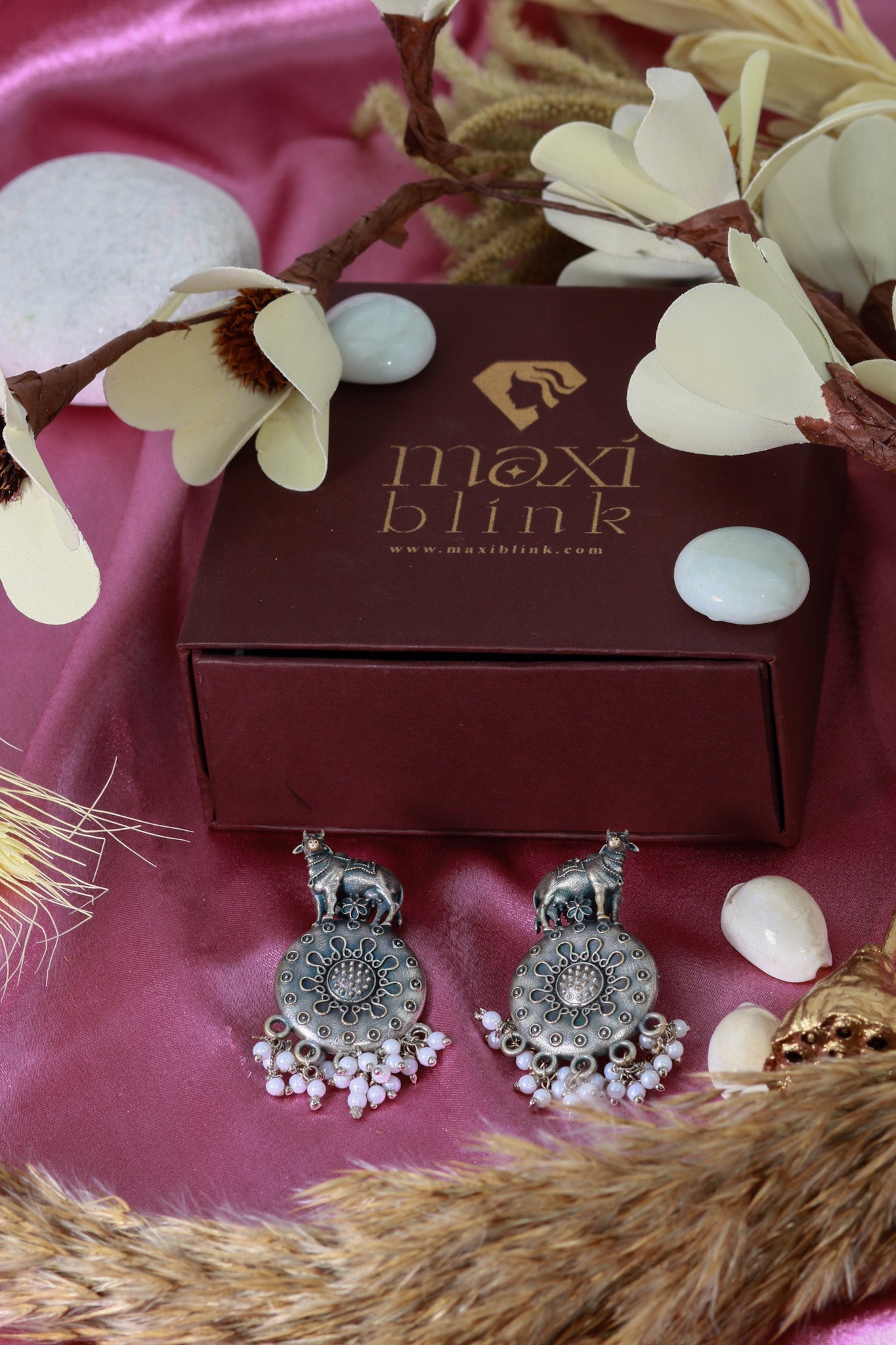 Oxidised German Silver Cow Design Earrings with Pearl Drops - Maxiblink