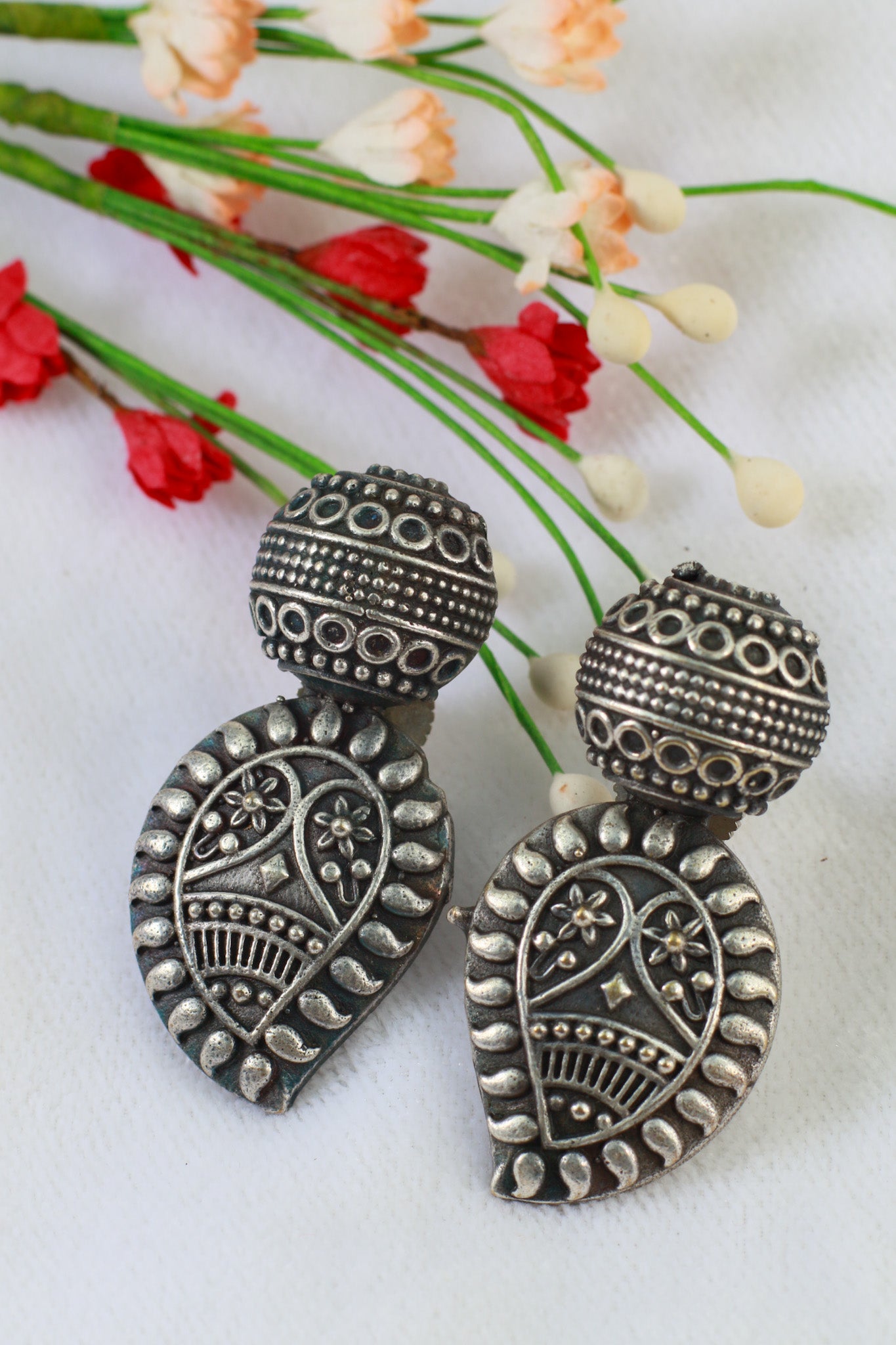 Oxidised German Silver Dome & Oval Stud Earrings - Maxiblink