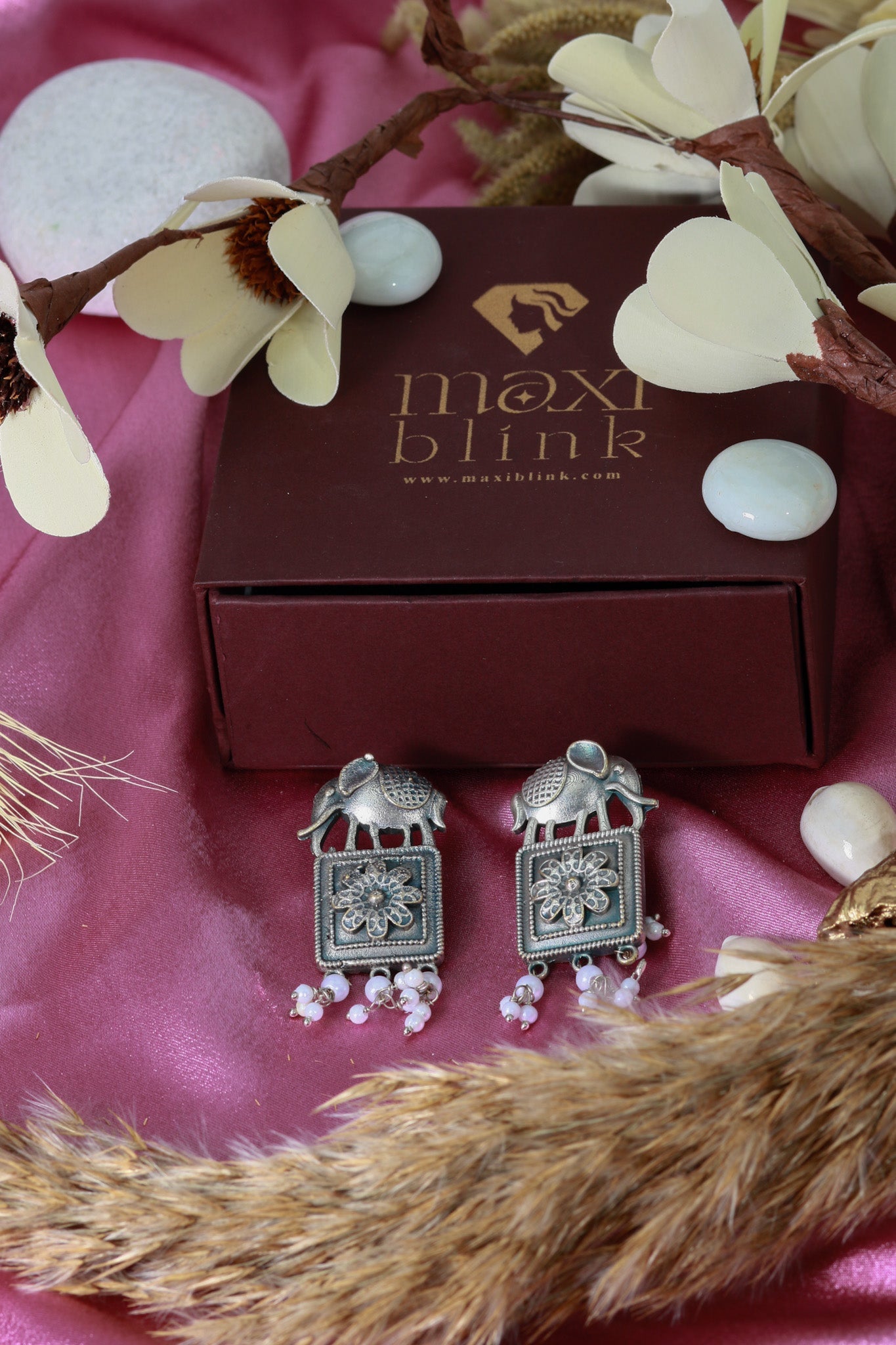 Oxidised German Silver Elephant Design Earrings with Pearls - Maxiblink