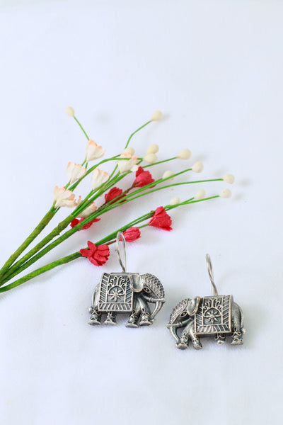 Oxidised German Silver Elephant Motif Hook Earrings - Maxiblink