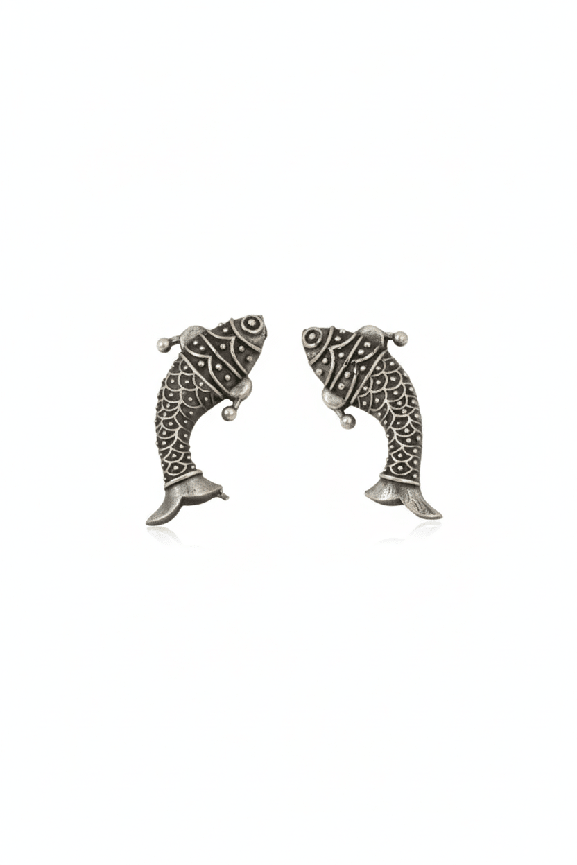 Oxidised German Silver Fish Earrings – Small Everyday Dangler - Maxiblink